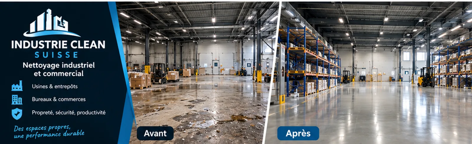 Entrepôt avant et après nettoyage par Industrie Clean Suisse